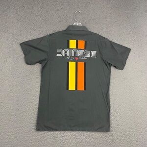 NWT Men's Gray Retro Embroidered Motorcycle Dainese Button-up Shirt in Large